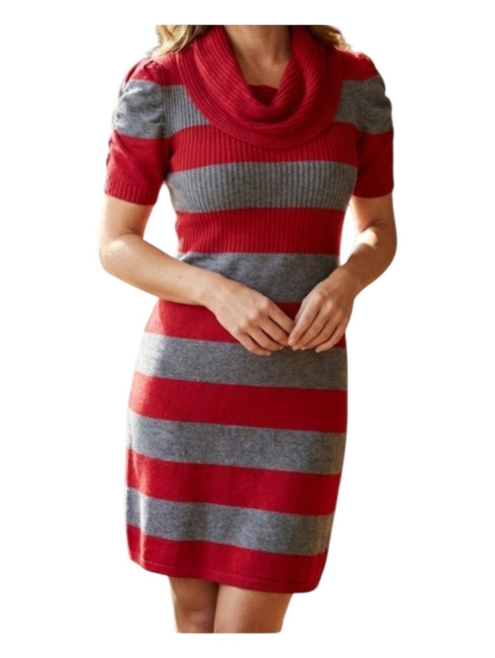 Red Gray Striped Sweater Dress Cowl Neck Medium Babydoll Chic Takeout Classy